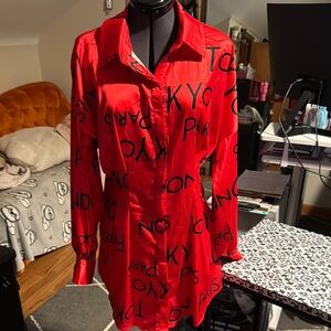 Akira S satin Red Graphic button down Shirt Dress - like new